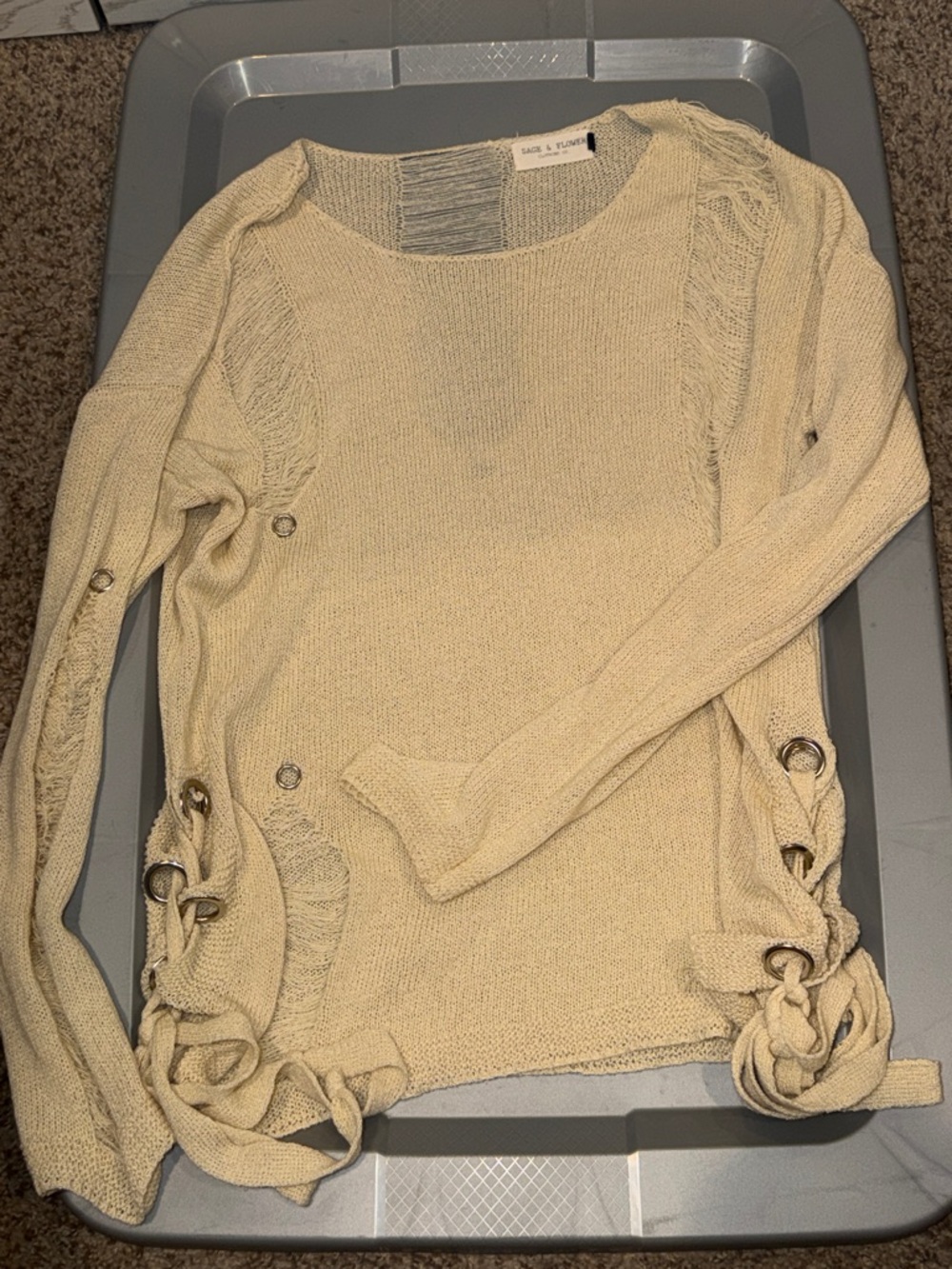 Cream Lace-Up Crew Neck Sweater